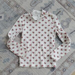 Janie and Jack Girls Rose Ribbed Turtleneck Cream and Sugar Rose Print Shirt Sz4